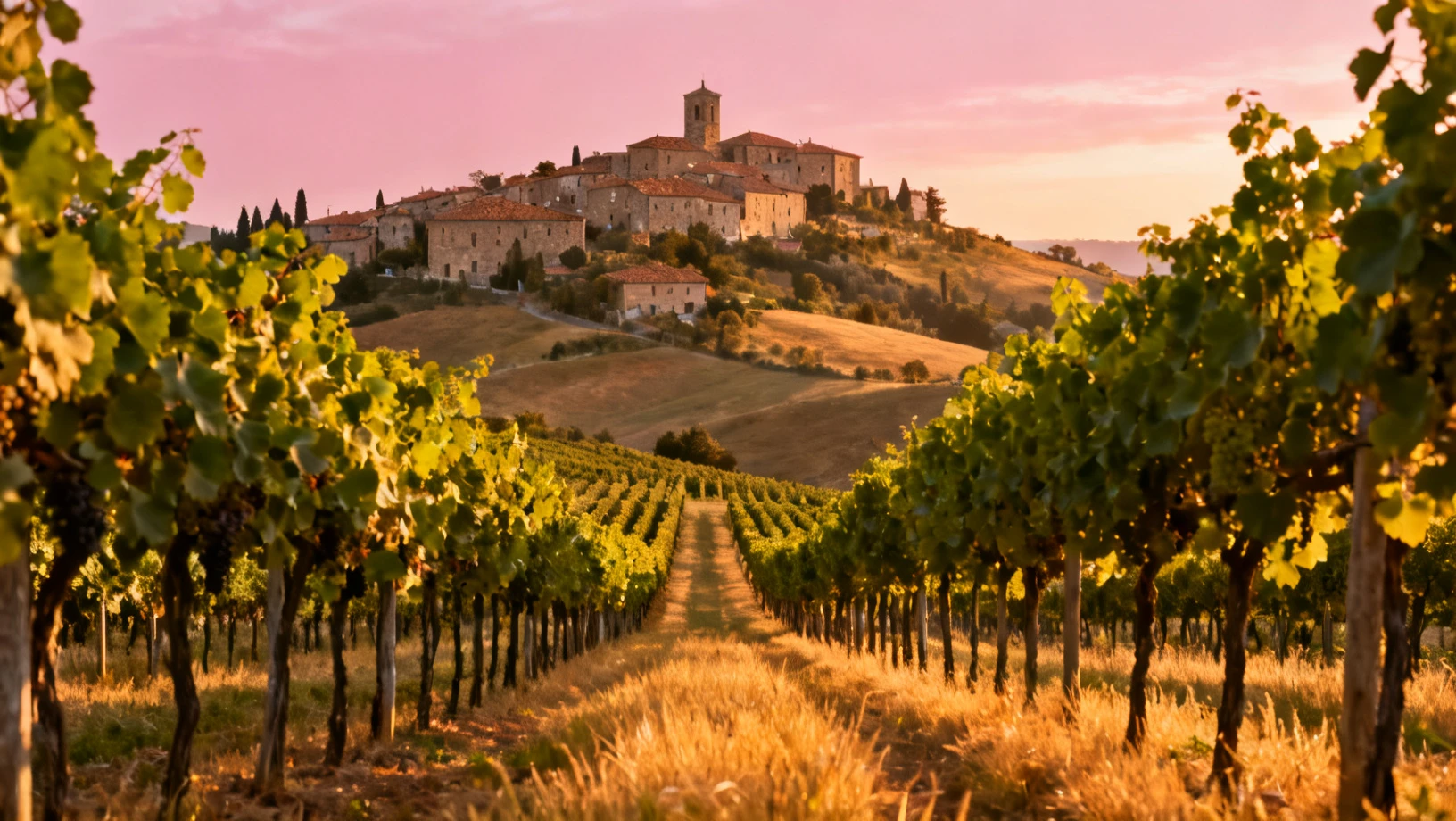 Paysage de vignobles en Toscane avec cyprès, collines et village médiéval perché